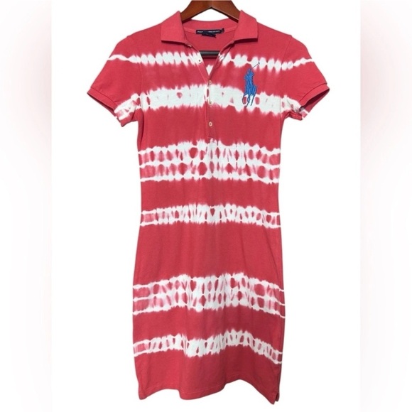 Polo Ralph Lauren Big Pony Tie Dye Dress Small Pink Red Cotton Mesh Fabric - Picture 1 of 14